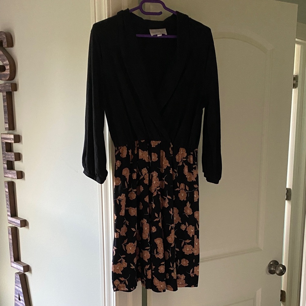 French Grey Black and Tan Floral Long Sleeve Dress